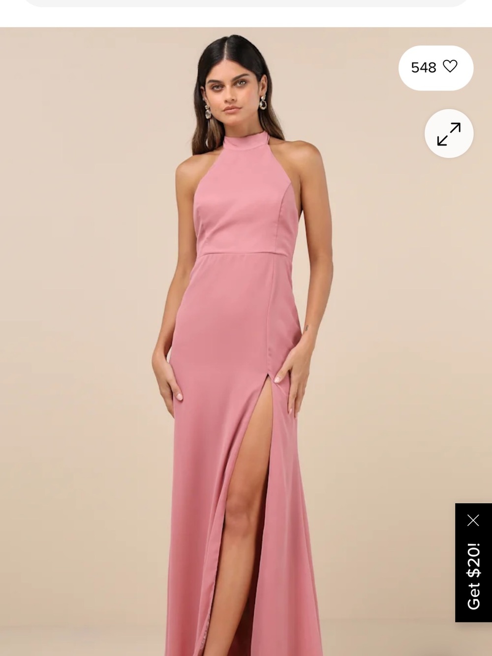 Lulu's Dusty Rose High-Neck Halter Maxi Dress with Thigh Slit